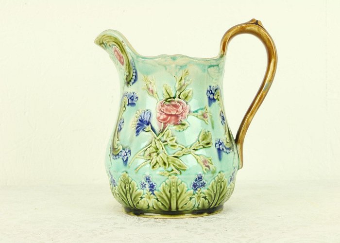 Nimy Majolica Antique Belgian Hand Painted Wine Pitcher, Lecat Nimy lez ... photo